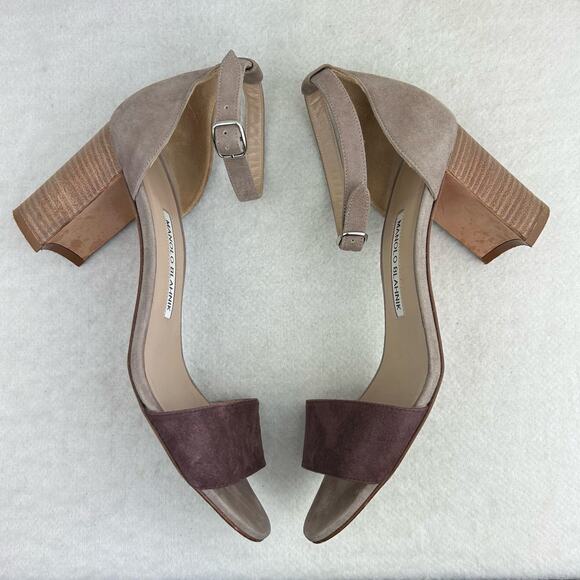 Authentic Manolo Blahnik Brown Gray Suede Strappy Sandal Block Heel 38.5 (US 8) - Picture 7 of 16